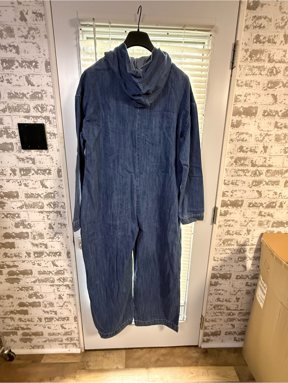 Denim Hooded Zip-Front Jumpsuit in Deep Blue - Picture 9 of 10